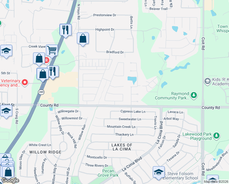 map of restaurants, bars, coffee shops, grocery stores, and more near 1650 Greenwood Court in Prosper
