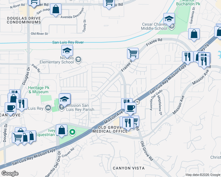 map of restaurants, bars, coffee shops, grocery stores, and more near 338 Spring Canyon Way in Oceanside