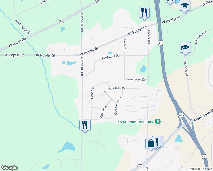 map of restaurants, bars, coffee shops, grocery stores, and more near 104 Coach Drive in Griffin