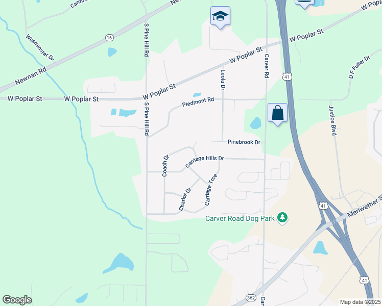 map of restaurants, bars, coffee shops, grocery stores, and more near 104 Coach Drive in Griffin