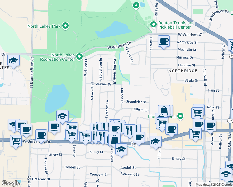 map of restaurants, bars, coffee shops, grocery stores, and more near 2100 Bowling Green Street in Denton