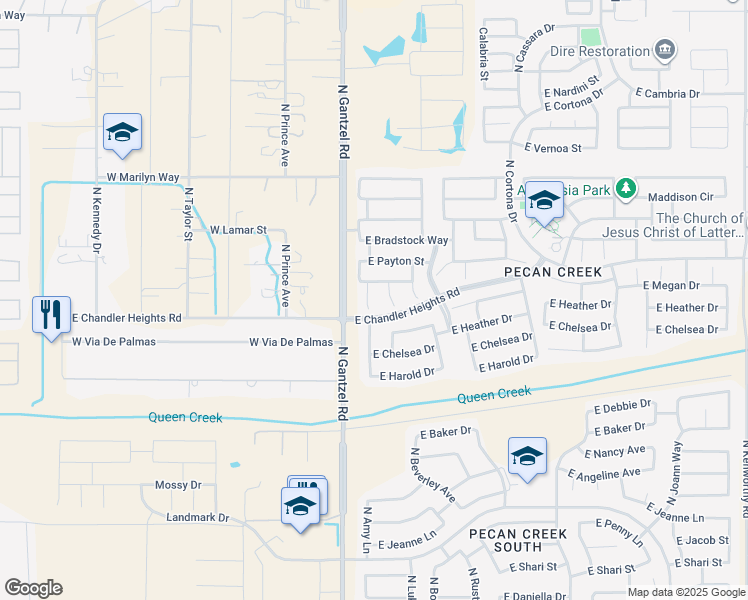 map of restaurants, bars, coffee shops, grocery stores, and more near 39258 Kelly Circle in Queen Creek