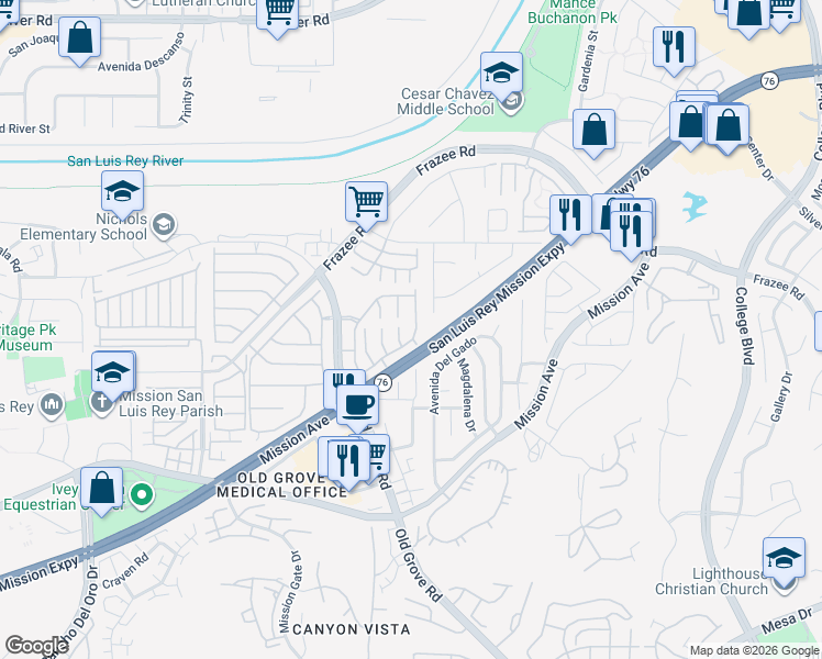 map of restaurants, bars, coffee shops, grocery stores, and more near 4464 White Pine Way in Oceanside