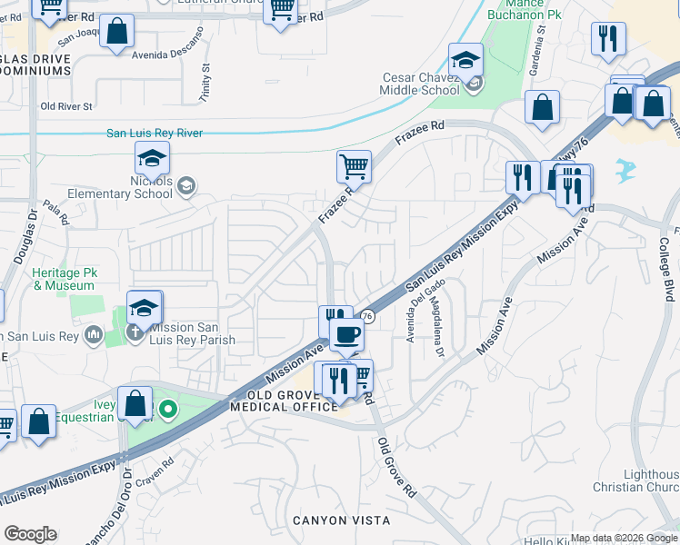 map of restaurants, bars, coffee shops, grocery stores, and more near 4444 Silver Birch Way in Oceanside