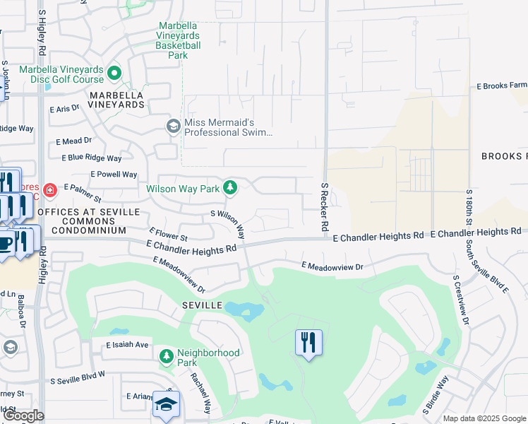 map of restaurants, bars, coffee shops, grocery stores, and more near 3850 East Palmer Street in Gilbert