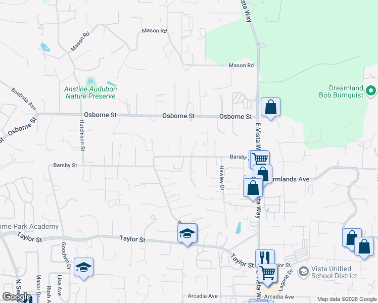 map of restaurants, bars, coffee shops, grocery stores, and more near 804 Barsby Street in Vista