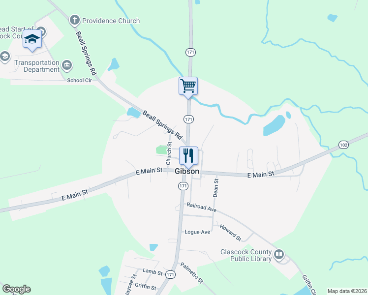 map of restaurants, bars, coffee shops, grocery stores, and more near 147 Beall Springs Road in Gibson