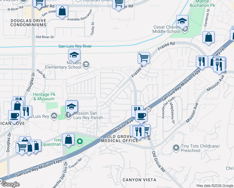 map of restaurants, bars, coffee shops, grocery stores, and more near 349 Spring Canyon Way in Oceanside