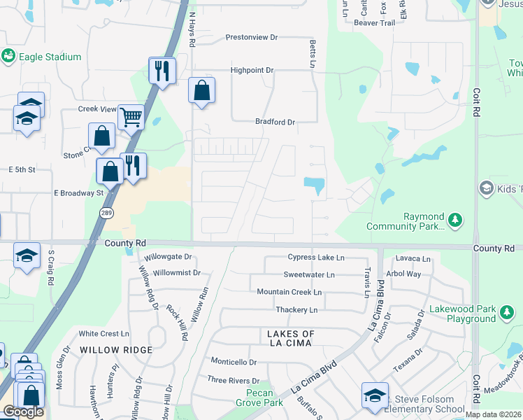 map of restaurants, bars, coffee shops, grocery stores, and more near 1621 Lakemere Drive in Prosper