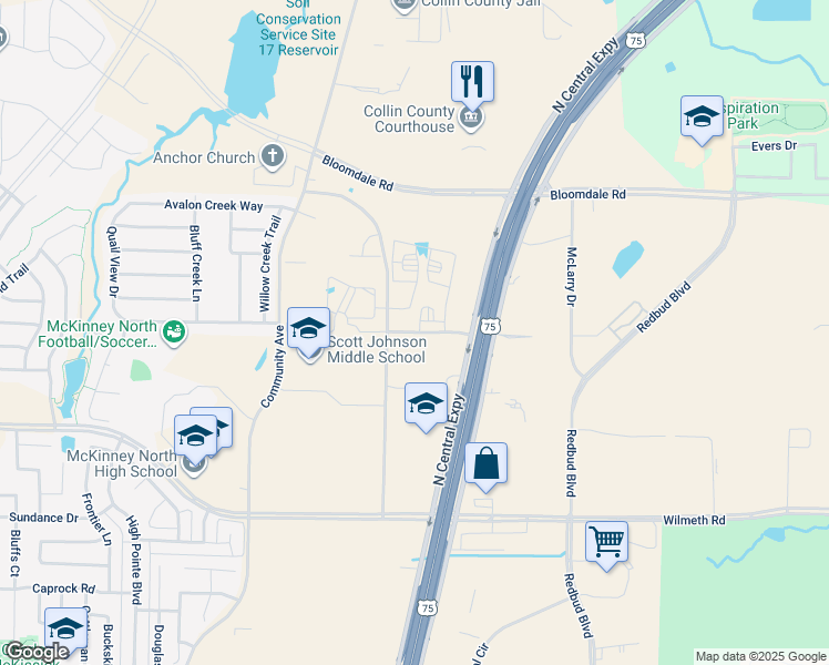 map of restaurants, bars, coffee shops, grocery stores, and more near Justice Street in McKinney