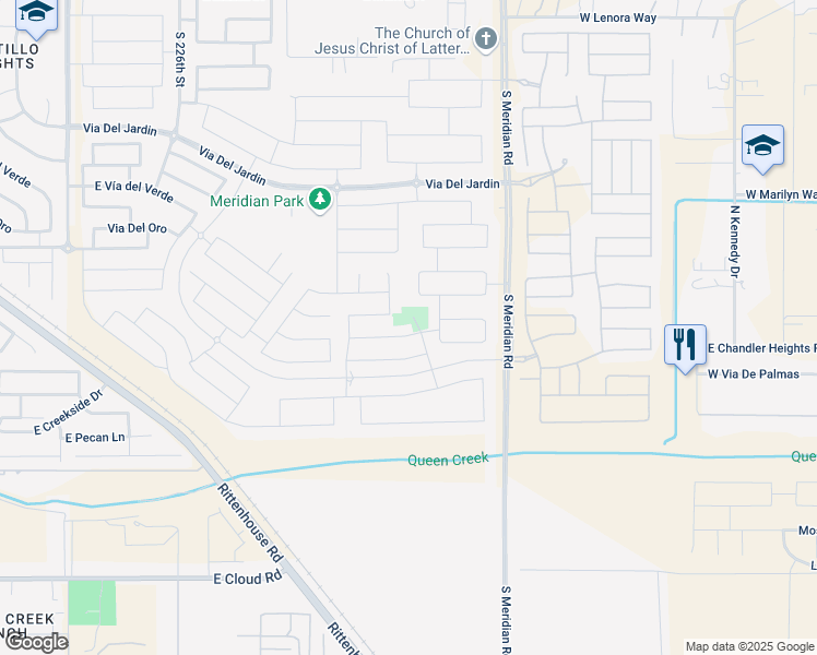 map of restaurants, bars, coffee shops, grocery stores, and more near 23020 East Calle Luna in Queen Creek
