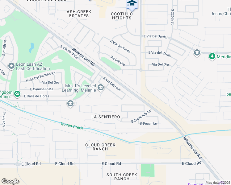 map of restaurants, bars, coffee shops, grocery stores, and more near 22352 East Via del Rancho in Queen Creek