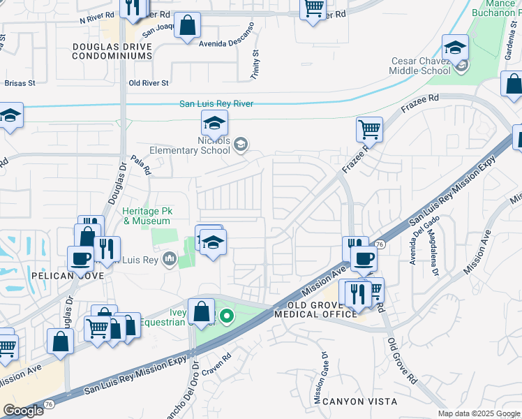 map of restaurants, bars, coffee shops, grocery stores, and more near Swallow Lane in Oceanside