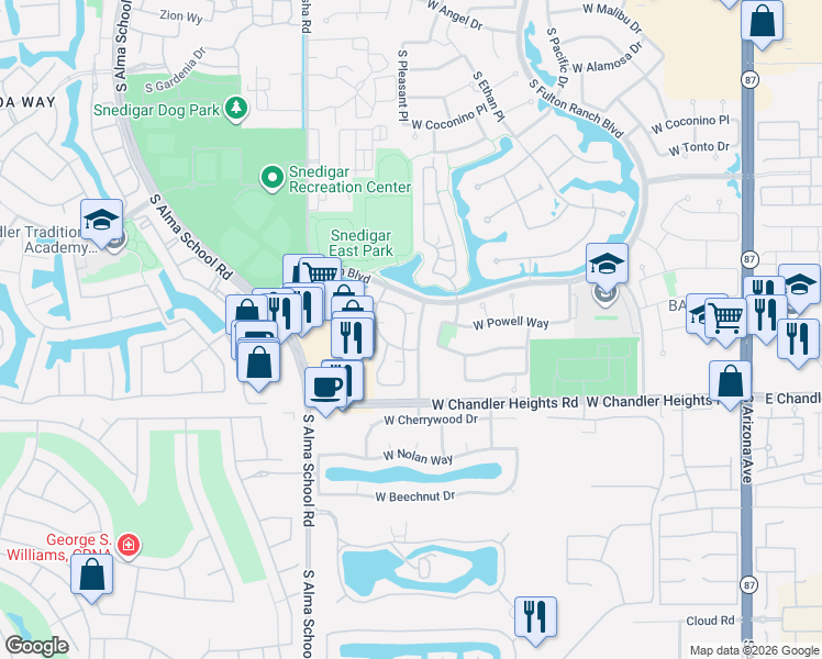 map of restaurants, bars, coffee shops, grocery stores, and more near 4777 South Fulton Ranch Boulevard in Chandler