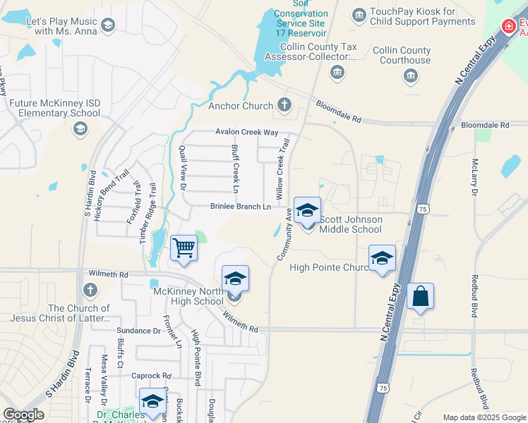 map of restaurants, bars, coffee shops, grocery stores, and more near 2313 Brinlee Branch Lane in McKinney