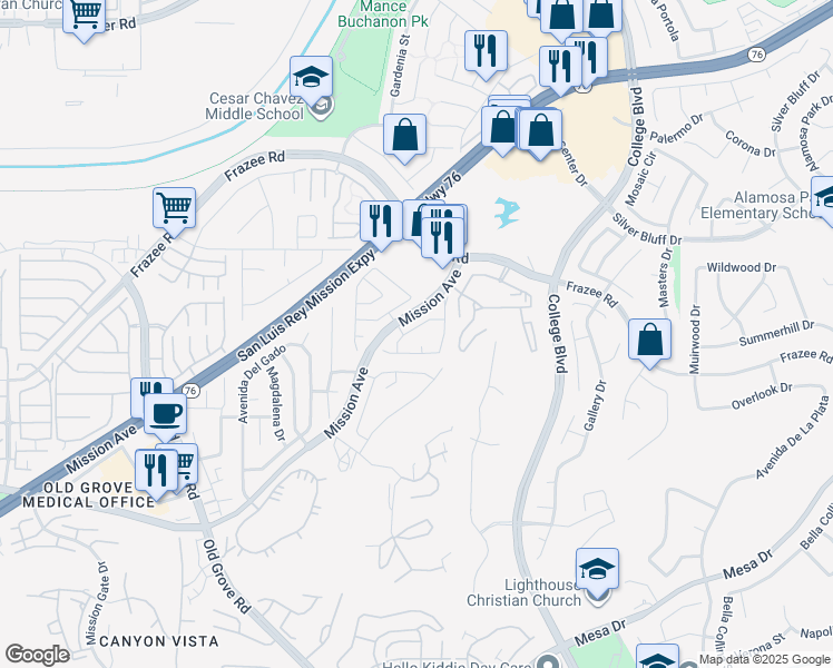 map of restaurants, bars, coffee shops, grocery stores, and more near 4717 Aliso Way in Oceanside