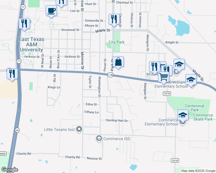 map of restaurants, bars, coffee shops, grocery stores, and more near South Park Street in Commerce