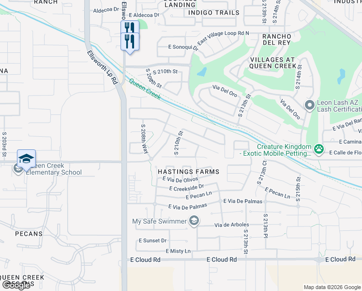 map of restaurants, bars, coffee shops, grocery stores, and more near 23456 210th Street in Queen Creek