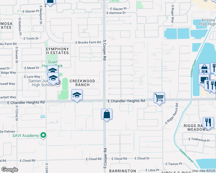 map of restaurants, bars, coffee shops, grocery stores, and more near 2046 East San Carlos Place in Chandler