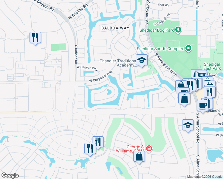 map of restaurants, bars, coffee shops, grocery stores, and more near 1724 West Blue Ridge Way in Chandler