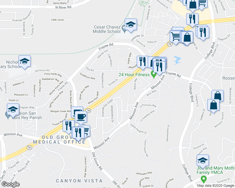 map of restaurants, bars, coffee shops, grocery stores, and more near 211 Avenida Del Gado in Oceanside