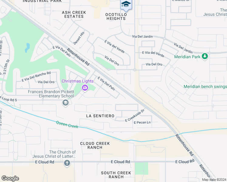 map of restaurants, bars, coffee shops, grocery stores, and more near 22357 East Vía Del Palo in Queen Creek