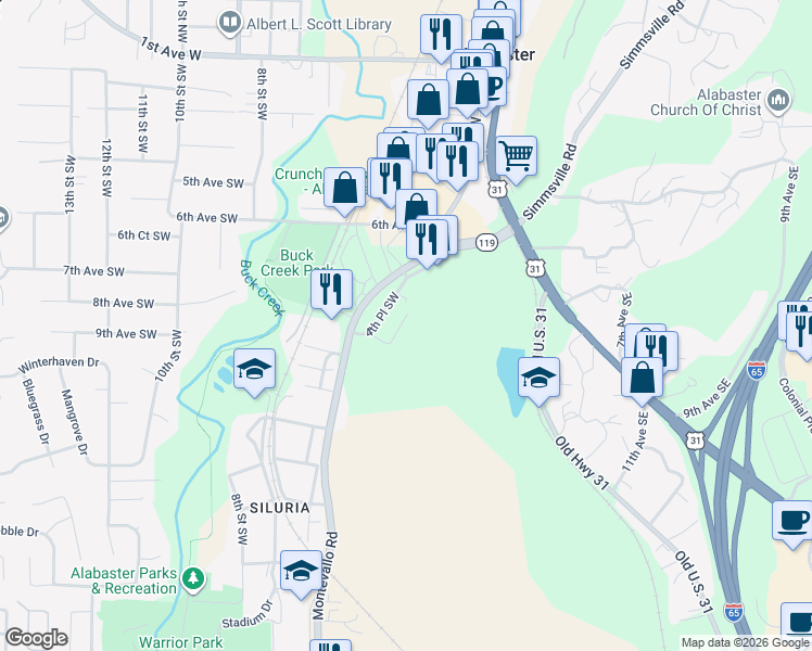 map of restaurants, bars, coffee shops, grocery stores, and more near 732 4th Street Southwest in Alabaster
