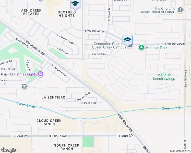 map of restaurants, bars, coffee shops, grocery stores, and more near 23434 225th Street in Queen Creek