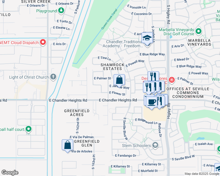 map of restaurants, bars, coffee shops, grocery stores, and more near 2807 East Janelle Way in Gilbert