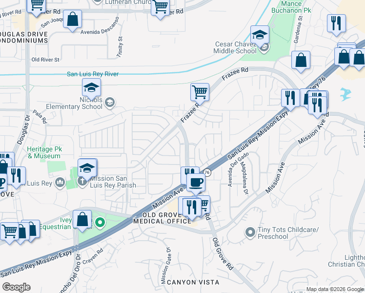 map of restaurants, bars, coffee shops, grocery stores, and more near 360 River Ranch Way in Oceanside