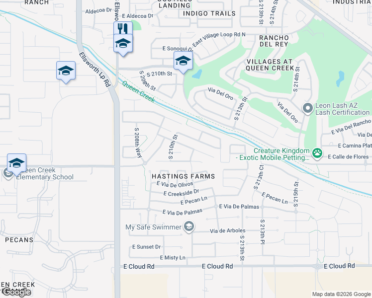 map of restaurants, bars, coffee shops, grocery stores, and more near 21071 East Poco Calle in Queen Creek