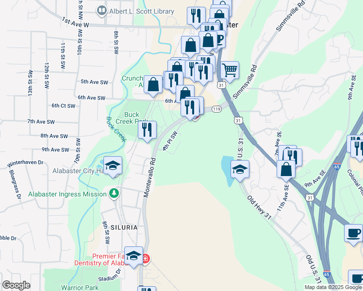 map of restaurants, bars, coffee shops, grocery stores, and more near 732 4th Street Southwest in Alabaster