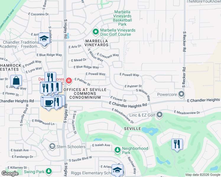 map of restaurants, bars, coffee shops, grocery stores, and more near 3498 East Vernon Street in Gilbert