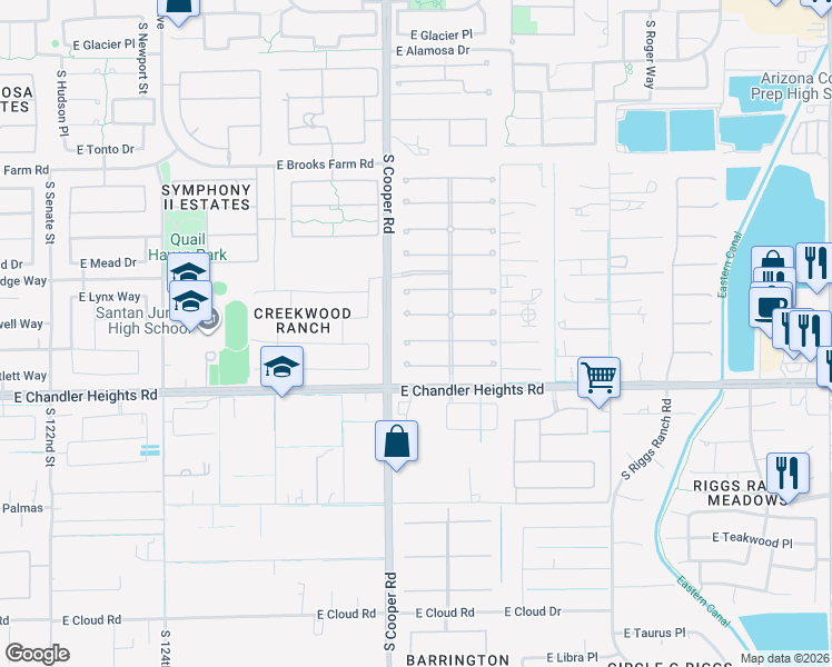 map of restaurants, bars, coffee shops, grocery stores, and more near 2046 East San Carlos Place in Chandler