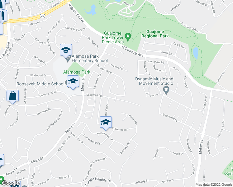 map of restaurants, bars, coffee shops, grocery stores, and more near 1222 Larchwood Drive in Oceanside