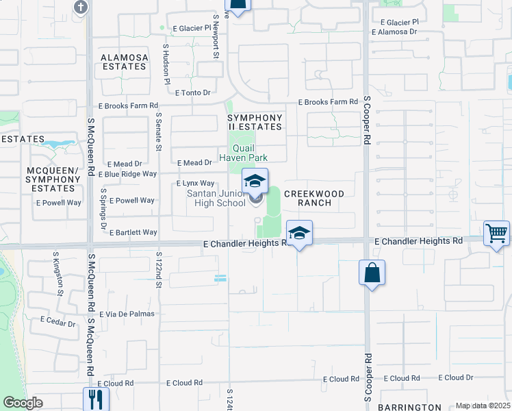 map of restaurants, bars, coffee shops, grocery stores, and more near 1550 East Chandler Heights Road in Chandler