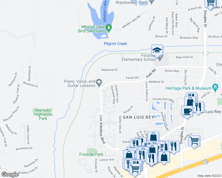 map of restaurants, bars, coffee shops, grocery stores, and more near 675 Kumquat Way in Oceanside