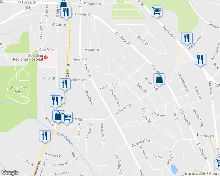 map of restaurants, bars, coffee shops, grocery stores, and more near 812 Hillcrest Avenue in Griffin