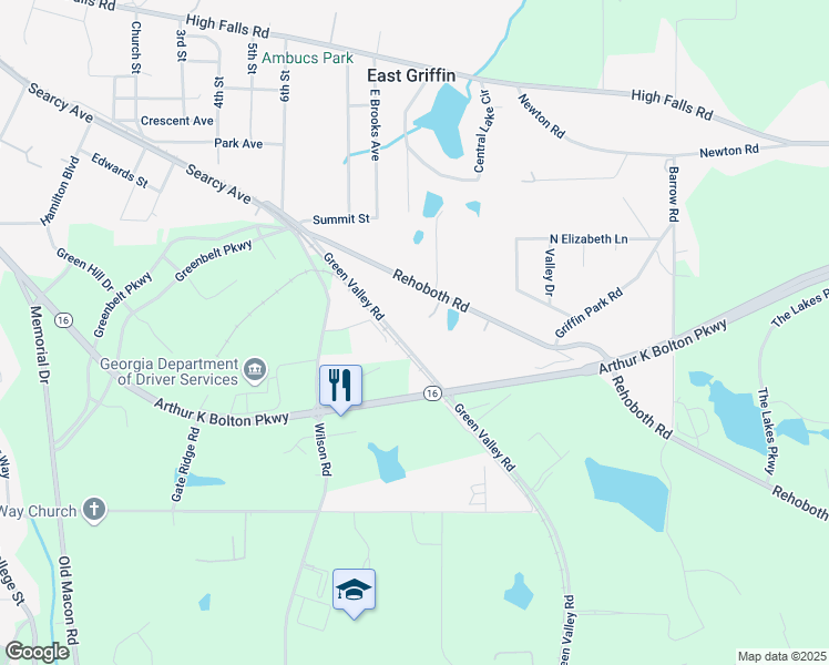 map of restaurants, bars, coffee shops, grocery stores, and more near 117 Green Valley in Griffin