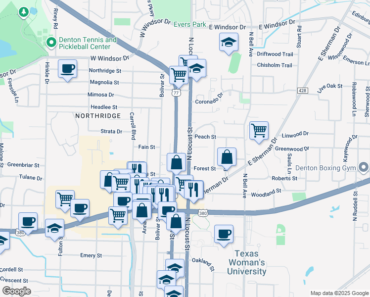 map of restaurants, bars, coffee shops, grocery stores, and more near 2319 North Locust Street in Denton