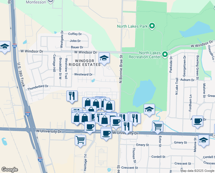 map of restaurants, bars, coffee shops, grocery stores, and more near 2400 Aurora Lane in Denton