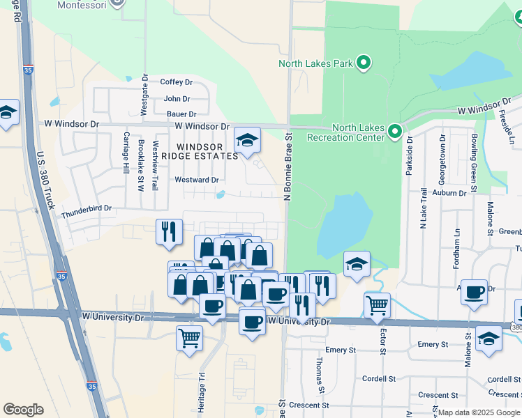 map of restaurants, bars, coffee shops, grocery stores, and more near 2400 Aurora Lane in Denton