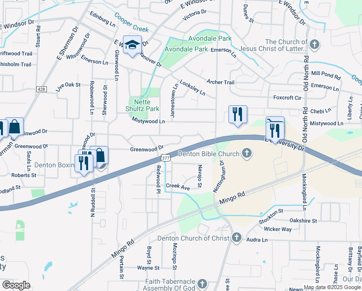 map of restaurants, bars, coffee shops, grocery stores, and more near 1818 Greenwood Drive in Denton