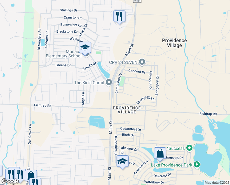 map of restaurants, bars, coffee shops, grocery stores, and more near 1701 Cambridge Drive in Providence Village