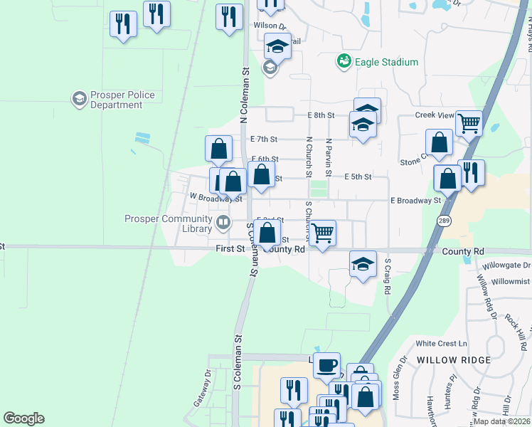 map of restaurants, bars, coffee shops, grocery stores, and more near 109 East 3rd Street in Prosper