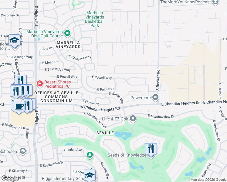 map of restaurants, bars, coffee shops, grocery stores, and more near 3711 East Palmer Street in Gilbert