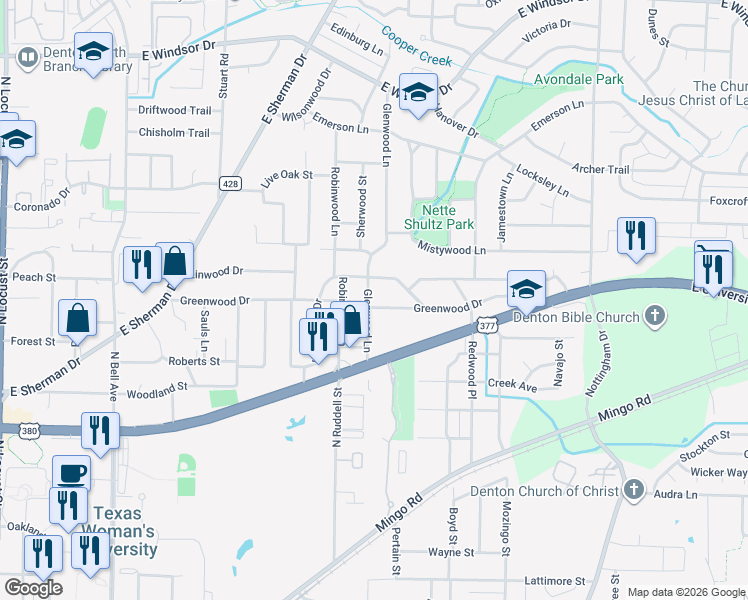 map of restaurants, bars, coffee shops, grocery stores, and more near 2200 Glenwood Ln in Denton