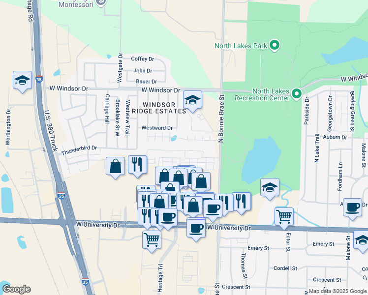 map of restaurants, bars, coffee shops, grocery stores, and more near 2500 Aurora Lane in Denton