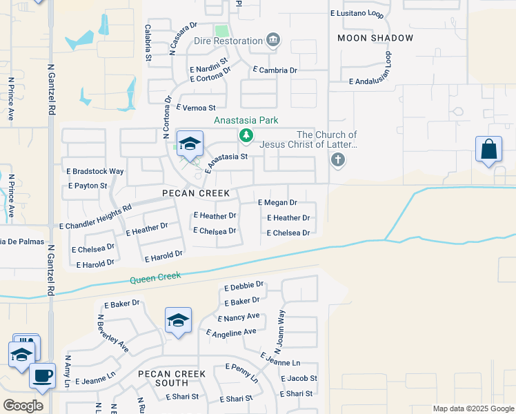 map of restaurants, bars, coffee shops, grocery stores, and more near 1427 East Megan Drive in San Tan Valley