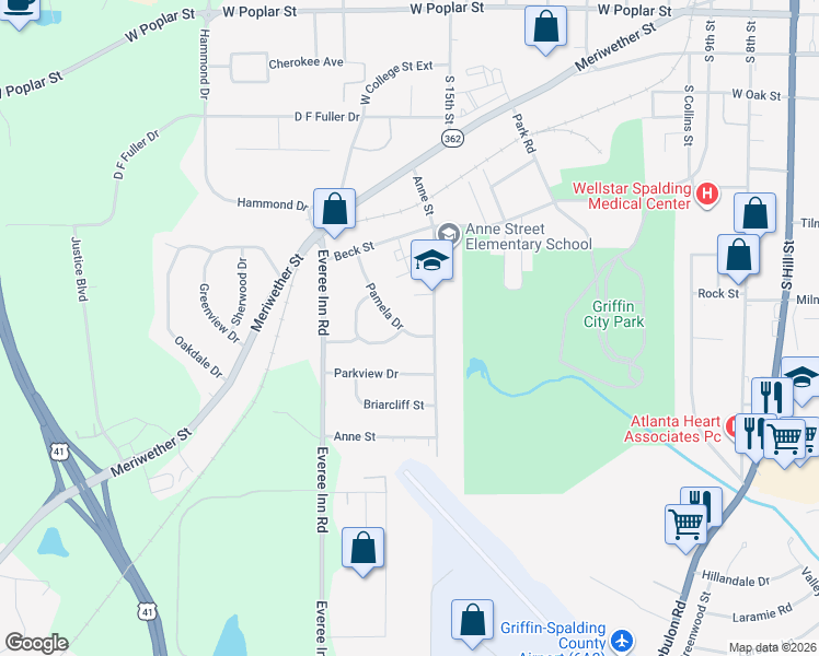 map of restaurants, bars, coffee shops, grocery stores, and more near 832 Pamela Drive in Griffin
